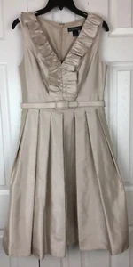 Jessica Howard Sz 8 Evening Satin Tan Dress sleeveless belt Ruffles Formal - Picture 1 of 7