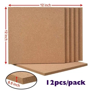 12pcs Squares Cork Board 12" x 12" -1/2" Thick Wall Bulletin Boards Cork Tiles - Picture 1 of 7