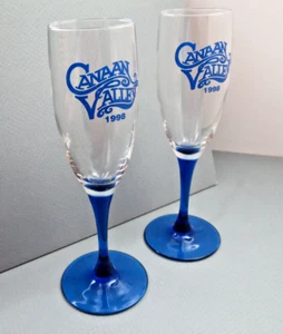 Flauti Champagne Vintage Promozionali 1996 Canaan Valley WV Logo Blu Steli Blu - Foto 1 di 3