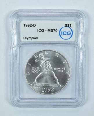 1992-D Olympic Baseball Commemorative Silver Dollar MS70 ICG *8991 - Image 1 of 4