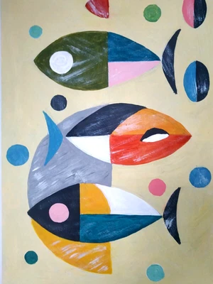 Fish Аbstract Аcrylic painting Original picture signature Kitchen dekor 11 x8 - image 1 of 3