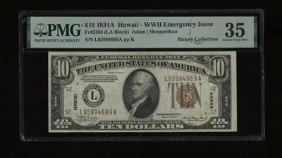 DBR 1934-A $10 FRN Hawaii LA Block Fr. 2303 PMG 35 Serial L65994689A - Image 1 of 2