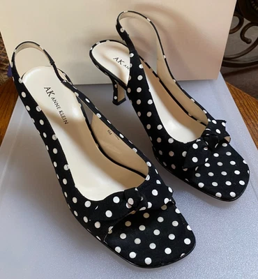 Anne Klein Blanco y Negro Lunares Eslinga con Lazo Punta Cuadrada Tacones Altos 8M Foto 1 de 4