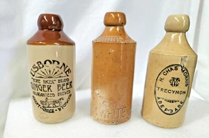 Antique Vintage 3x Clay Ginger Beer Bottles White Usborne Morris Rare Paper - AF - Picture 1 of 11