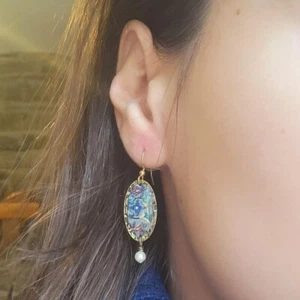 Vintage Dainty Gold Bohemian Blue Multicolor Floral Pearl Dangle Drop Earrings - Picture 1 of 23