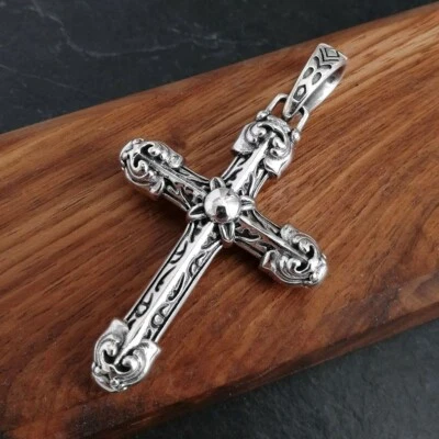 Thick Solid Shiny 925 Sterling Silver Ornate Scroll Cross Pendant Double Sided - Image 1 of 4