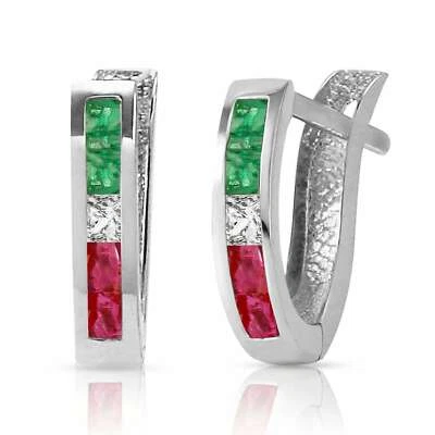 1.28 Carat 14K Solid White Gold Tri Gem Oval Hoop Gemstone Earrings - Image 1 of 4