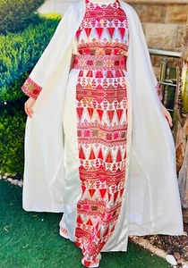 Women Palestinian Embroidered Satin Dress Traditional Heritage Tatreez with Robe - Picture 1 of 10