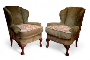 SUPERB PAIR VICTORIAN STYLE BALL & CLAW FEET WINGBACK ARMCHAIRS NOBALIS BARGELLO - Picture 1 of 18