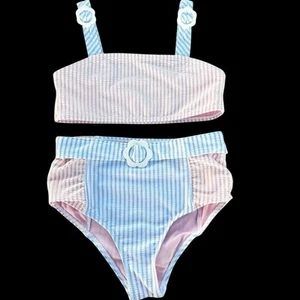 C&C California Girl Swimsuit Size 10 Pink Blue Seersucker Retro 2-Piece Bikini - Picture 1 of 12