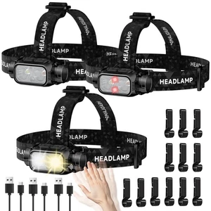 Rechargeable Led Camping Headlamp 3 Pack High Lumen Super Bright With Red Light - Picture 1 of 9