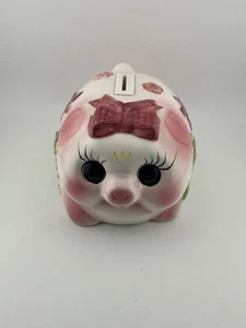 Vintage Ceramic Pink Big Eyes Eyelash Glazed Piggy Bank Bow Floral W Stopper - Picture 1 of 4