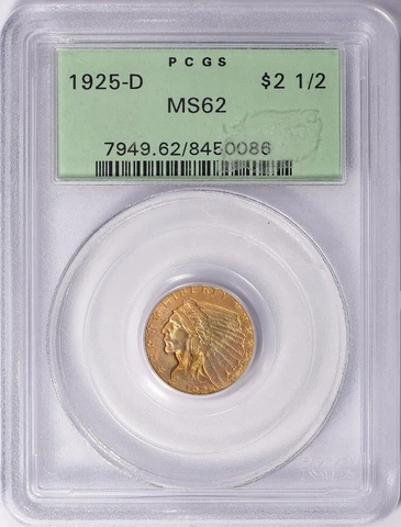 1925-D INDIAN HEAD QUARTER EAGLE $2.5 GOLD PCGS MS62 OGH Cover