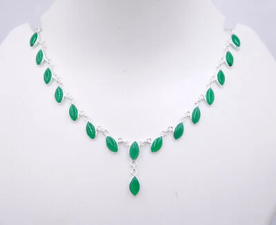 9.70 GM 925 Argento Sterling Verde Naturale Onice Cab Gemma Collana Size 48.3cm - Immagine 1 di 2