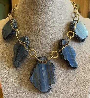 Vintage Joan Rivers Classic Gold Tone Chunky Blue Faux Stone Slice Necklace - Image 1 of 4