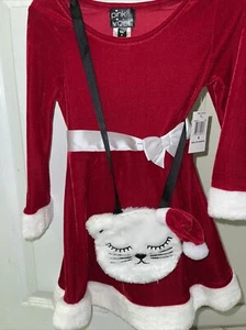 Pink Violet Girls Red Velvet Christmas Dress With Cat Purse NWT SIZE 4 - Picture 1 of 5