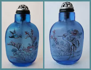 Alte chinesische Schnupftabakflasche blaues Glas innen Gemälde Republikzeit - Bild 1 von 8