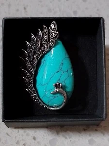Turquoise Peacock Brooch. 1.5 Inches. Clasp Approx 1 Inch - Picture 1 of 7