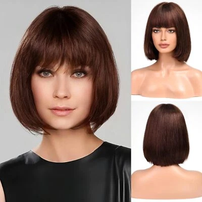 Short Bob Brown 10 Inch Bob Wig with Bangs 100% Human Hair Wigs for Women Daily - Image 1 of 4