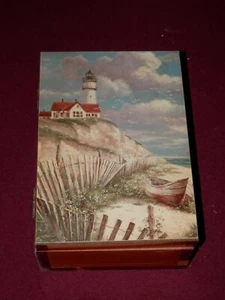 Lighthouse/Beach image on a Cedar storage box from Kennebunkport Maine - Picture 1 of 3