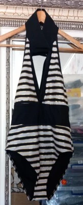 BN TOMMY HILFIGER ZENDAYA Ladies Black Mix Striped Collar Retro Style Swimsuit M - Image 1 of 4