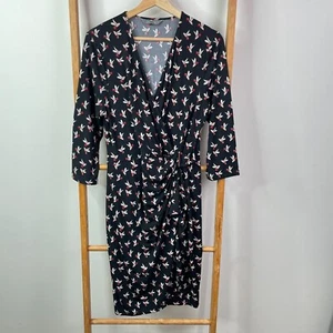 Jacqui-E Wrap Dress Womens Medium Black Dove Bird Print 3/4 Sleeve Knee Length - Picture 1 of 11