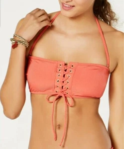 NEW Hula Honey Women's Swim Shimmer Rib Bandeau Top Coral-Red, Size Small - Picture 1 of 4