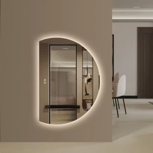 Half Left Cut Round Moon Wall LED Mirror 77 x 110 Frameless Backlit - Picture 1 of 10