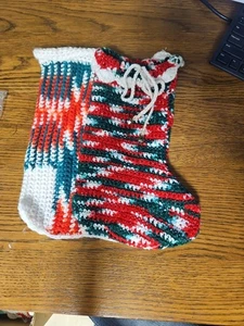 Set of 2 Vintage Knit Red & Green Crocheted Christmas Stockings - Picture 1 of 6