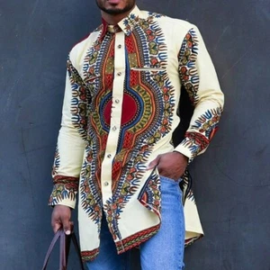 Mens Long Sleeve Longline African Dashiki Dress Shirt Ethnic Totem Print Tops - Picture 1 of 9
