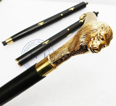SOLID BRASS LION HEAD HANDLE WOODEN WALKING STICK CANE VINTAGE DESIGNER STYLE