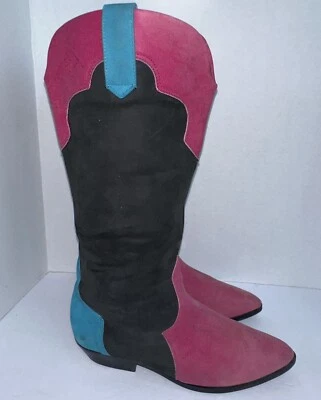 Sbicca Vintage Western Colorful Pink Blue Suede Cowgirl Boots Brown Womens 8 - Image 1 of 4