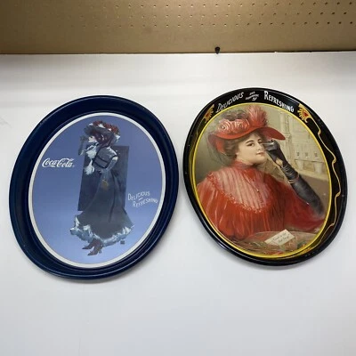 LOT OF 2-Vintage Calendar Girl Coca Cola 1908 12 Calendar Lady Tray Reproduction - Image 1 of 4