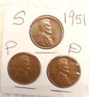1951 P D S Lincoln Wheat Pennies -- 3 Coin Lot, Great Album Fillers, Vintage Lot