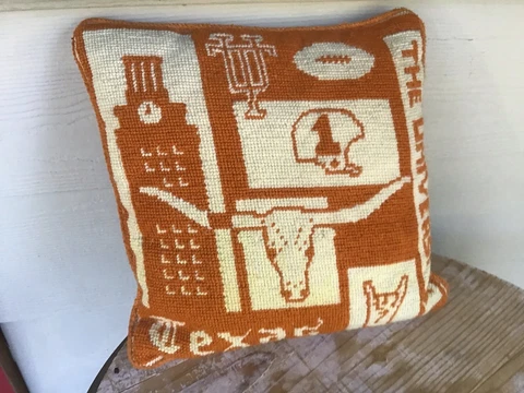 RARE~1960s TEXAS UNIVERSITY TU LONGHORNS NEEDLEPOINT FOOTBALL Clock Tower PILLOW Cover