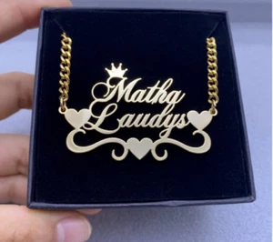 Customized Double Name Crown Heart Necklace Cuban Chain Stainless Steel Jewelry - Picture 1 of 7