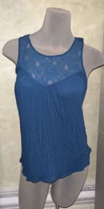 Express Teal Blue Lace Neck/Back Tie Waist Lightweight Loose Tank Top Boho XS - Picture 1 of 7