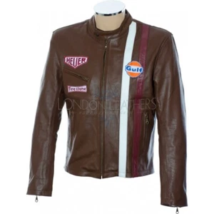 Classic MCQUEEN Le Mans Grand Prix Genuine BROWN Leather Jacket EU60 4XL 50" - Picture 1 of 2