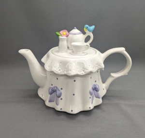 VTG Teleflora "The Tea Party" Tea Pot Blue Bird, PINK Flower, Purple Ribbon - Picture 1 of 10