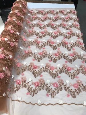 RUST 3D FLOWERS EMBROIDER WITH A CHEVRON PEARL DESIGN ON A MESH-SOLD BY YARD. - Image 1 of 4