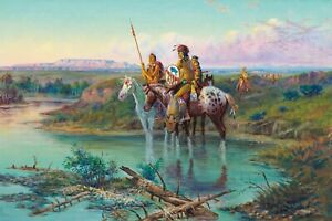 Native Americans River Horses 24x36 in Rolled Canvas Print Old West Painting