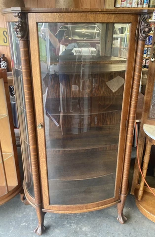Antique Oak Tiger Wood Lighted Lion Head Curved Glass Curio China Cabinet Cover