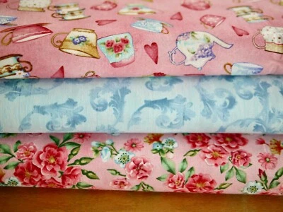 Stoffpaket Henry Glass TWEETS and TREADS Teetasse Teekanne Rosen Ornamente rosa - Bild 1 von 4