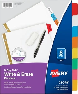 Avery Big Tab Write & Erase Dividers for 3 Ring Binders, 8-Tab Set, Multicolor - Picture 1 of 5
