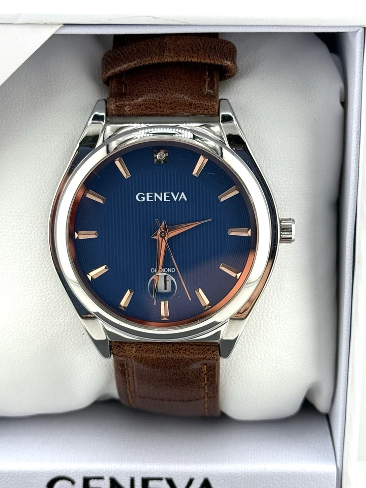 Geneva Diamond Men’s Watch Blue Dial Brown Strap KHA0004SL w/Tag