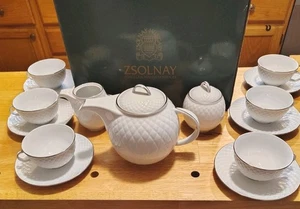 "Zsolnay " Hungary Tea Set 15 Pcs White Cream/Silver, Babbos, 1960s .   In Box - Picture 1 of 9