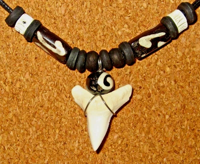 REAL SHARK TOOTH NECKLACE WHITE TEETH BLACK BEADS CORD SURFER BOY MENS WOMENS - image 1 of 4