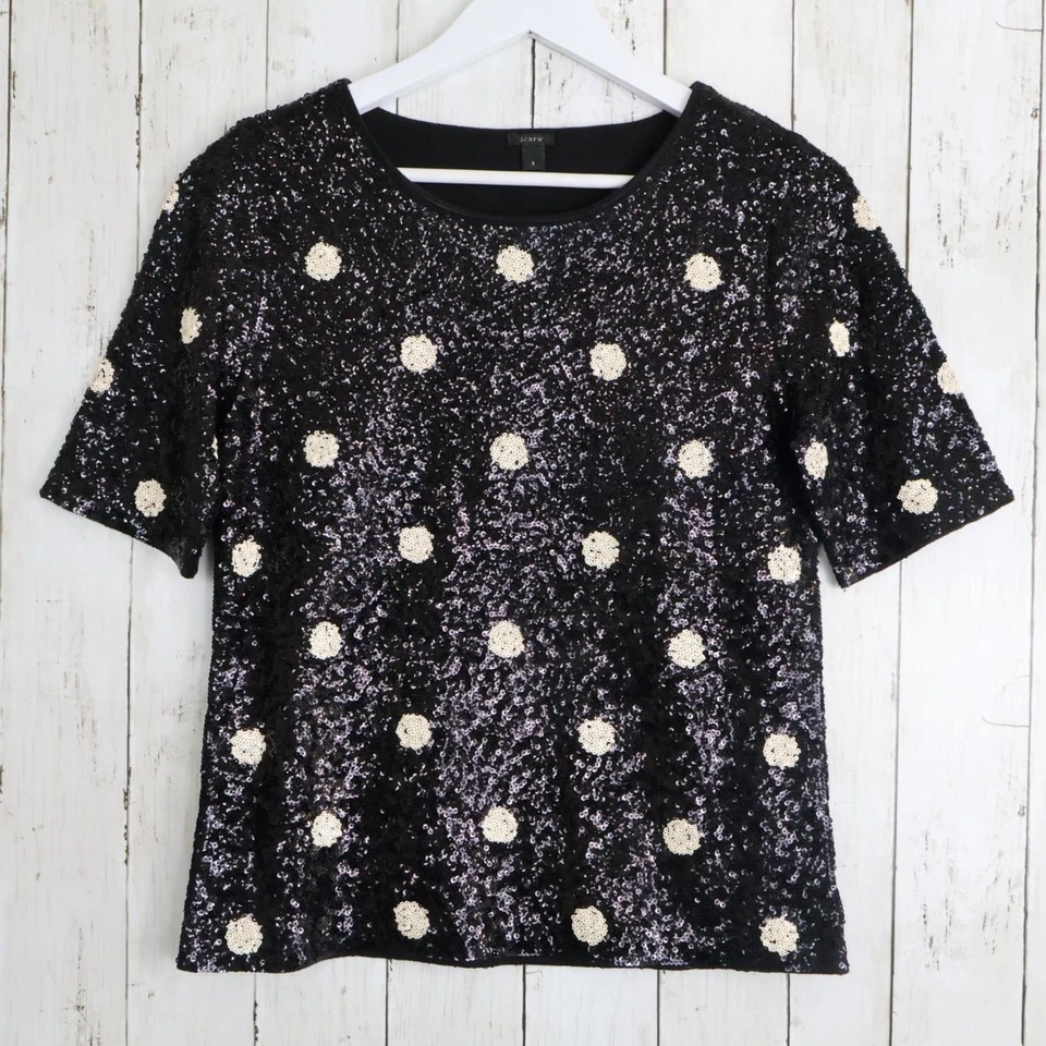 J. Camisa Top Mujer Crew Negra Lunares Lentejuelas Completas Manga Corta Talla Pequeña Foto 1 de 1