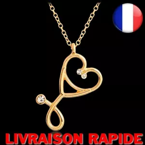 Collier Pendentif Stéthoscope Cœur Bijou strass Médecin Infirmière Cadeau Merci - Foto 1 di 7