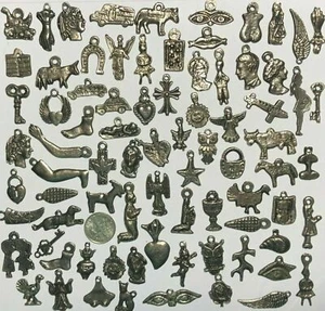 50 Milagro Charms Mexican Folk Art Dark Antique SILVER Black Wholesale Lot - Picture 1 of 3